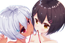 Rule 34 | 2girls, bad id, bad pixiv id, bloom, blunt ends, blush, bob cut, brown hair, closed mouth, collarbone, commentary request, eyes visible through hair, hair between eyes, hair ornament, hairclip, highres, interlocked fingers, ko yu, looking at viewer, mouth hold, multiple girls, original, parted bangs, portrait, red eyes, red ribbon, ribbon, ribbon in mouth, short hair, siblings, silver hair, simple background, twins, twisted neck, very short hair, white background, yellow eyes