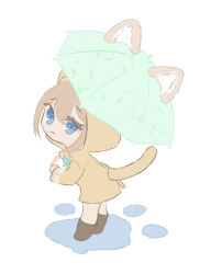 Rule 34 | 1girl, :&lt;, animal ears, animal hands, blue eyes, boots, bow, bowtie, brown footwear, cat ear umbrella, cat ears, cat tail, chibi, closed mouth, green bow, green bowtie, green umbrella, hair between eyes, holding, holding umbrella, hood, hood up, hooded coat, indie virtual youtuber, kanranzk, light brown hair, long sleeves, looking at viewer, looking to the side, neuro-sama, sidelocks, simple background, solo, standing, tail, tail under clothes, umbrella, virtual youtuber, white background, yellow raincoat