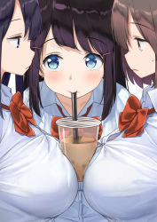 Rule 34 | 3girls, black hair, blue eyes, blush, bow, bowtie, breasts, brown hair, bubble tea, bubble tea challenge, cheating (competitive), collared shirt, cup, disposable cup, drink, drinking, drinking straw, earrings, grey eyes, hair between eyes, hair ornament, hairclip, jewelry, kaisen chuui, large breasts, long hair, looking at viewer, multiple girls, object on breast, original, purple hair, red neckwear, school uniform, shirt, short hair, sidelocks, simple background, sweatdrop, teamwork, white background