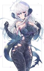 Rule 34 | 1girl, au ra, back bow, bare shoulders, black bodysuit, black gloves, blue eyes, blunt bangs, bodysuit, bow, breasts, collarbone, collared bodysuit, cosplay, cowboy shot, curled horns, dragon girl, dragon horns, dragon tail, elbow gloves, expressionless, falling petals, final fantasy, final fantasy xiv, floating hair, glint, gloves, halo, hands up, highres, hip vent, horn ornament, horn ring, horns, inset border, legs together, long hair, looking at viewer, mokokoiro, omega-f, omega-f (cosplay), omega (final fantasy), petals, scales, simple background, solo, spiked halo, spiked tail, standing, tail, warrior of light (ff14), white background, white hair