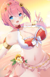 Rule 34 | 1girl, absurdres, bikini, blue eyes, breasts, flower, flower ornament, hair flower, hair ornament, highres, jam (jamjam777), large breasts, navel, pink hair, princess connect!, red flower, red rose, rose, sarong, short hair, solo, sunflower, sunflower hair ornament, swimsuit, v, yui (princess connect!), yui (summer) (princess connect!)