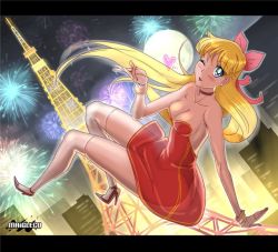 Rule 34 | 1990s (style), 1girl, ;d, aino minako, alternate costume, arm support, artist name, bare arms, bare legs, bare shoulders, bishoujo senshi sailor moon, black footwear, blonde hair, blowing kiss, blue eyes, blush, bow, breasts, building, choker, city, cleavage, collarbone, dress, dutch angle, eiffel tower, female focus, fingerless gloves, fireworks, floating hair, formal, full body, full moon, gloves, hair bow, hand up, heart, high heels, kneehighs, legs, long hair, looking at viewer, looking back, maigleco, medium breasts, moon, neck, night, one eye closed, open mouth, outdoors, paris, red bow, red dress, retro artstyle, sailor venus, see-through, shoes, sitting, smile, socks, solo, strapless, strapless dress, tower, white gloves, white socks, wink