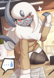 Rule 34 | 1girl, absol, claws, creatures (company), forehead jewel, furry, game freak, gen 3 pokemon, glasses, horns, japanese text, long hair, looking at viewer, nintendo, open mouth, papar, pokemon, pokemon (creature), red eyes, single horn, solo, white hair, zinfyu
