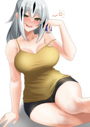 Rule 34 | 1girl, blush, breasts, camisole, casual, drunk, fate/grand order, fate (series), green eyes, half-closed eyes, highres, large breasts, long hair, nagao kagetora (fate), sawatarou (roto), shorts, simple background, squeans, strap slip, thighs, white hair, yellow camisole