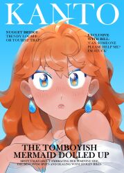 Rule 34 | 1girl, bare shoulders, blue background, blue eyes, blue nails, blush, character name, cover, cover page, creatures (company), dress, earrings, english text, eyelashes, eyeshadow, fake cover, female focus, game freak, highres, jewelry, lipstick, long hair, looking at viewer, magazine cover, makeup, misty (pokemon), nail polish, necklace, nintendo, off-shoulder dress, off shoulder, orange hair, pokemon, pokemon (anime), pokemon rgby, solo, upper body, white dress