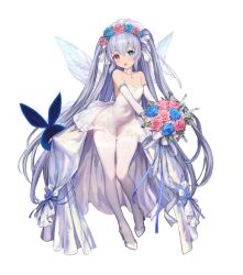 Rule 34 | 1girl, artist request, blue eyes, blue flower, blush, bouquet, breasts, bridal gauntlets, bridal veil, bride, brown dust 2, butterfly wings, collar, covered navel, dress, flower, full body, gloves, grey hair, head wreath, heterochromia, high heels, holding, holding bouquet, insect wings, long hair, looking at viewer, official art, open mouth, pantyhose, pink flower, red eyes, refithea (brown dust), second-party source, simple background, sleeveless, sleeveless dress, small breasts, solo, standing, standing on one leg, star-shaped pupils, star (symbol), strapless, strapless dress, symbol-shaped pupils, twing glutti, veil, very long hair, white background, white collar, white dress, white footwear, white gloves, white pantyhose, wings