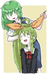 :d ahoge blue_skirt blue_vest blush bow bowtie collared_shirt colored_skin cookie_(touhou) cowboy_shot crossover daiyousei diyusi_(cookie) green_hair hair_bow hair_down long_hair man_(man-room) open_mouth red_bow red_bowtie shirt skirt skirt_set smile tone_sphere touhou trin_(tone_sphere) vest white_shirt white_skin yellow_bow