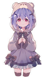 Rule 34 | 1girl, animal ears, animal hood, bear ears, bear hood, blush, bow, brown bow, brown thighhighs, closed mouth, cropped legs, dress, fake animal ears, frilled dress, frills, grey dress, hair between eyes, hair flaps, hair ornament, hairclip, hands up, highres, hood, hood up, hooded dress, long sleeves, looking at viewer, meito (maze), original, own hands together, purple hair, red eyes, simple background, sleeves past wrists, solo, striped, striped bow, thighhighs, wavy mouth, white background