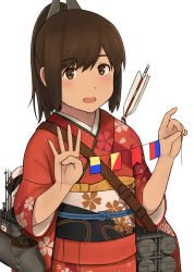 Rule 34 | 10s, 1girl, arrow (projectile), blush, brown eyes, brown hair, character name, commentary request, floral print, fuyube gin (huyube), hair ornament, highres, holding, i-401 (kancolle), japanese clothes, japanese flag, kantai collection, kimono, looking at viewer, machinery, obi, official style, open mouth, ponytail, sash, short hair, sidelocks, smile, solo, upper body