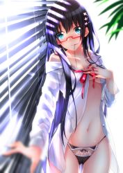 Rule 34 | 1girl, bad id, bad pixiv id, black hair, black panties, window blinds, blush, bow, bow panties, breasts, cameltoe, glasses, green eyes, groin, hair in own mouth, hair ornament, hairclip, hand on breast, highres, leaf, long hair, medium breasts, mouth hold, navel, off shoulder, open clothes, open shirt, original, panties, red-framed eyewear, semi-rimless eyewear, shirt, solo, swordsouls, under-rim eyewear, underboob, underwear, white shirt, window
