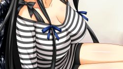 Rule 34 | 1girl, aoki natsume, black hair, breasts, chair, cleavage, close-up, game cg, head out of frame, hitotsu tobashi ren&#039;ai, large breasts, legs, long hair, shorts, sitting, solo, thighs