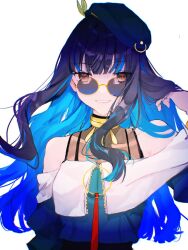 Rule 34 | 1girl, adjusting hair, ao398739, bare shoulders, beret, black hair, blue hair, colored inner hair, fate/grand order, fate (series), glasses, grey eyes, hat, jacket, jewelry, long hair, looking at viewer, multicolored hair, neck ring, round eyewear, smile, solo, tenochtitlan (fate), tenochtitlan (second ascension) (fate), two-tone hair, white background