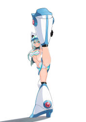 Rule 34 | 1girl, absurdres, android, ass, blue eyes, blue hair, breasts, flexible, goggles, goggles on head, highres, ico (megaman x dive), leg lift, leg up, looking at viewer, medium breasts, mega man (series), mega man x (series), mega man x dive, mixed-language commentary, navel, popo (popo0cat), robot ears, simple background, solo, split, standing, standing on one leg, standing split, swimsuit, white background