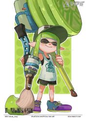 Rule 34 | 1girl, baseball cap, black shorts, closed eyes, closed mouth, commentary request, dolphin shorts, full body, green hair, green trim, hat, holding, holding weapon, inkbrush (splatoon), inkling, inkling girl, inkling player character, long hair, nintendo, pointy ears, shoes, shorts, smile, solo, splatoon (series), splatoon 3, standing, tentacle hair, totocosakana, ultra stamp (splatoon), weapon