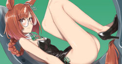 Rule 34 | 1girl, alternate costume, animal ears, black footwear, black leotard, braid, braided ponytail, breasts, brown eyes, brown hair, closed mouth, commentary request, detached collar, ear ornament, glasses, green background, high heels, highleg, highleg leotard, horse ears, horse girl, horse tail, ikuno dictus (umamusume), knees up, leotard, long hair, looking at viewer, multicolored hair, nontraditional playboy bunny, round eyewear, simple background, sinnra art, small breasts, solo, strapless, strapless leotard, streaked hair, tail, umamusume, white hair