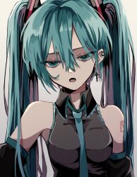 Rule 34 | 1girl, :o, bare shoulders, between breasts, black shirt, black sleeves, blue necktie, breasts, collared shirt, cross, cross earrings, detached sleeves, dot nose, ear piercing, earrings, frilled shirt, frills, hair between eyes, hair ornament, hatsune miku, highres, jewelry, large breasts, long hair, long sleeves, looking at viewer, multicolored hair, naguno-0713, necktie, necktie between breasts, number tattoo, open mouth, piercing, pink hair, shirt, sidelocks, simple background, sleeveless, sleeveless shirt, solo, streaked hair, tattoo, twintails, two-tone hair, upper body, very long hair, vocaloid, white background, wing collar