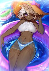 Rule 34 | 1girl, animal ears, bikini, closed mouth, cowboy shot, crop top, dark-skinned female, dark skin, dated, day, happy tree friends, hat, highleg, highleg bikini, highres, lammy (happy tree friends), looking at viewer, lying, mary felizola, navel, on back, one eye closed, outdoors, personification, purple eyes, short hair, signature, smile, solo, sun hat, swimsuit, water, white hair