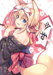 Rule 34 | 1girl, animal ear fluff, animal ears, bare shoulders, blonde hair, blue eyes, blush, bow, dated, fox ears, fox tail, from behind, hair bow, japanese clothes, looking at viewer, looking back, nozomi tsubame, off shoulder, open mouth, original, short hair, sign, solo, suzuha (nozomi tsubame), tail, twitter username