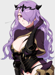 Rule 34 | 1girl, armor, between breasts, black armor, black panties, bodice, breasts, camilla (fire emblem), cleavage, commentary, fake horns, fire emblem, fire emblem fates, gloves, grey background, hair over one eye, highres, horns, large breasts, long hair, looking at viewer, nintendo, one eye covered, panties, peach11 01, purple eyes, purple gloves, purple hair, simple background, solo, tiara, twitter username, underwear, wavy hair