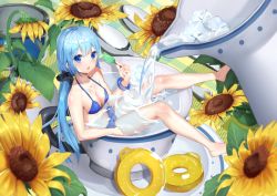 Rule 34 | 1girl, :o, bare arms, bare legs, bare shoulders, barefoot, bikini, blue bikini, blue eyes, blue hair, blush, breasts, cleavage, collarbone, commentary request, cup, flower, food, hair between eyes, holding, holding food, ice, ice cube, in container, in cup, jug (bottle), long hair, looking at viewer, low twintails, medium breasts, mini person, minigirl, original, parted lips, popsicle, saucer, seero, sidelocks, solo, spoon, sunflower, swimsuit, twintails, very long hair, water, yellow flower