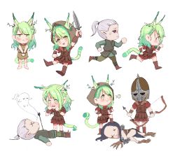Rule 34 | 1boy, 2girls, absurdres, animal ears, anre (anrepoi), armor, arrow (projectile), arrow in body, boots, bow (weapon), braid, cat ears, cat girl, cat tail, ceres fauna, chibi, corpse, elf, faendal (skyrim), giving up the ghost, green hair, hagraven, harpy, highres, hololive, hololive english, khajiit, long hair, monster girl, multiple girls, pointy ears, running, smug, sword, tail, the elder scrolls, the elder scrolls v: skyrim, virtual youtuber, weapon, yellow eyes
