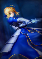 Rule 34 | 1girl, ahoge, armor, artoria pendragon (all), artoria pendragon (fate), braid, breastplate, fate/stay night, fate (series), faulds, french braid, gauntlets, green eyes, invisible air (fate), kai (link2262), looking at viewer, night, saber (fate), short hair, solo