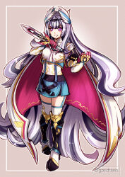 Rule 34 | 1girl, alear (female) (fire emblem), alear (female) (fire emblem) (cosplay), alear (fire emblem), armor, black hair, blue skirt, commentary, cosplay, dagger, fire emblem, fire emblem engage, full body, gloves, greaves, grey hair, grin, gzei, highres, holding, holding dagger, holding knife, holding weapon, jewelry, knife, long hair, looking at viewer, miniskirt, misericorde (fire emblem), multicolored hair, nintendo, purple eyes, purple gloves, ring, shirt, skirt, smile, solo, standing, streaked hair, thighhighs, very long hair, veyle (fire emblem), weapon, white shirt, white thighhighs
