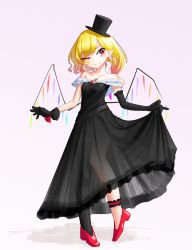 Rule 34 | 1girl, ;), alternate costume, asymmetrical gloves, bare shoulders, black dress, black gloves, black hat, black thighhighs, blonde hair, closed eyes, closed mouth, dress, elbow gloves, flandre scarlet, full body, gloves, gradient background, hat, high heels, highres, long hair, mismatched gloves, one eye closed, red eyes, red footwear, see-through, see-through dress, side ponytail, single thighhigh, skirt hold, smile, solo, standing, thighhighs, top hat, touhou, uneven gloves, zakozako y