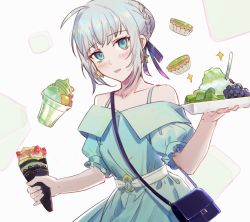 Rule 34 | 1girl, alternate costume, bare shoulders, blue dress, crepe, csyday, dress, earrings, fate/grand order, fate (series), food, gray (fate), green eyes, grey hair, hair between eyes, hair bun, hair ribbon, holding, holding food, jewelry, no headwear, parted lips, ribbon, shaved ice, single hair bun, solo