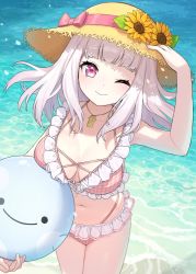 Rule 34 | 1girl, ball, bare arms, beachball, bikini, breasts, chorefuji, cleavage, closed mouth, collarbone, commentary request, day, eyelashes, flower, hand on headwear, hand up, hat, hat flower, hat ribbon, holding, navel, nijisanji, one eye closed, outdoors, pink ribbon, purple eyes, ribbon, shiina yuika, shiina yuika (6th costume), smile, solo, standing, straw hat, swimsuit, virtual youtuber, water, yellow flower