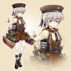 Rule 34 | 10s, 1girl, alternate costume, beige background, boots, hands on own hips, hat, kantai collection, looking at viewer, machinery, pleated skirt, sailor hat, short hair, grey eyes, silver hair, simple background, skirt, smile, solo, steampunk, tk8d32, turret, z1 leberecht maass (kancolle), zoom layer