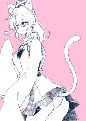 Rule 34 | 1girl, animal ear fluff, animal ears, ass, bright pupils, cat ears, cat tail, closed mouth, corrupted twitter file, cowboy shot, from side, gurajio, hat, heart, highres, japanese clothes, kariginu, limited palette, long sleeves, looking at viewer, medium hair, mononobe no futo, panties, pink background, pink eyes, pom pom (clothes), ponytail, simple background, skirt, sleeves past fingers, sleeves past wrists, smile, solo, standing, tail, tate eboshi, touhou, underwear, white pupils, wide sleeves