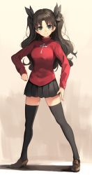 Rule 34 | 1girl, black hair, black skirt, black thighhighs, buttons, cross, fate/stay night, fate (series), full body, green eyes, hair ribbon, legs apart, long hair, long sleeves, looking at viewer, parsley-f, pleated skirt, ribbon, shadow, shoes, skirt, smile, solo, standing, thighhighs, tohsaka rin, turtleneck, two side up, zettai ryouiki