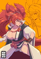 Rule 34 | 1girl, absurdres, amputee, baiken, big hair, black kimono, breasts, cleavage, eyepatch, facial tattoo, guilty gear, guilty gear strive, highres, japanese clothes, kataginu, kimono, large breasts, long hair, multicolored clothes, multicolored kimono, one-eyed, open clothes, open kimono, orange background, pink hair, red eyes, samurai, scar, scar across eye, tassel, tattoo, torn sleeve, yung khan