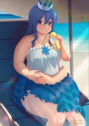 Rule 34 | 1girl, absurdres, artist name, bare shoulders, beach, beach umbrella, blue eyes, blue hair, blue skirt, breasts, chair, closed mouth, cloudxmoe, collarbone, commentary, crown, cup, day, drinking, drinking straw, english commentary, english text, fairy tail, fat, feet out of frame, film grain, food, fruit, hair between eyes, hand on own stomach, highres, holding, holding cup, juvia lockser, lemon, lemon slice, light rays, long hair, looking at viewer, lounge chair, medium breasts, midriff, mini crown, navel, no pupils, outdoors, shadow, sidelighting, sidelocks, sitting, skirt, solo, sunbeam, sunlight, thick arms, thick thighs, thighs, umbrella, water