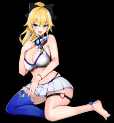 Rule 34 | 1girl, :d, absurdres, anklet, bad id, bad pixiv id, bare arms, bare shoulders, bikini, black bow, blonde hair, blue eyes, blue nails, bow, breasts, buckle, cleavage, earrings, fingernails, flower, genshin impact, hair bow, heart, heart-shaped pupils, highres, jean (genshin impact), jewelry, large breasts, long fingernails, long hair, multicolored nails, mutsu ane daisuki, nail polish, open mouth, ponytail, shiny skin, smile, solo, sweat, swimsuit, symbol-shaped pupils, teeth, tongue, tongue out, upper body, upper teeth only, v, vision (genshin impact), white bikini, white flower
