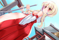 Rule 34 | 1girl, alternate costume, ass, azur lane, breasts, broom, commentary request, day, detached sleeves, dutch angle, hip focus, japanese clothes, juneau (azur lane), medium breasts, miko, mndqn, no panties, platinum blonde hair, red eyes, rope, short hair with long locks, sideboob, sky, solo, temple, thick thighs, thighs, torii, wide hips