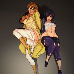 Rule 34 | 2girls, arms behind back, big hero 6, black hair, breasts, brown hair, crying, crying with eyes open, covered erect nipples, gogo tomago, green eyes, headband, highres, honey lemon, imminent rape, john doe, long hair, looking at viewer, multicolored hair, multiple girls, navel, no bra, pants, pantyhose, purple eyes, purple hair, scared, shoes, short hair, shorts, sneakers, sweatdrop, tears, toned, torn clothes, torn legwear, torn pants, torn shorts, underboob, wide hips