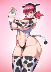 Rule 34 | 1girl, :q, animal ears, animal print, bottle, breasts, cow print, creatures (company), curvy, detached sleeves, fake animal ears, game freak, highres, huge breasts, lactation, milk, milk bottle, multicolored clothes, multicolored legwear, navel, nintendo, pink eyes, pink hair, pokemon, pokemon hgss, ryuusei (mark ii), solo, thick thighs, thighhighs, thighs, tongue, tongue out, twintails, whitney (pokemon)