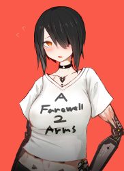 Rule 34 | 1girl, absurdres, black hair, blush, casual, choker, cyberpunk, cyborg, fang, hair over one eye, highres, irony, looking at viewer, mecha musume, mechanical arms, mihato senba, open mouth, orange eyes, original, prosthesis, pun, scar, science fiction, short hair, simple background, single mechanical arm, slit pupils, solo, swept bangs