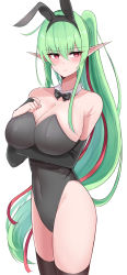 Rule 34 | 1girl, animal ears, bare shoulders, black bow, black bowtie, black legwear, black leotard, blush, bow, bowtie, breast hold, breasts, bridal gauntlets, cleavage, closed mouth, collarbone, commentary, covered navel, cowboy shot, detached collar, elf, fake animal ears, green hair, hair between eyes, hair ribbon, hand on own chest, high ponytail, highleg, highleg leotard, highres, large breasts, leotard, long hair, looking away, matomatomatotti, original, playboy bunny, pointy ears, red eyes, red ribbon, ribbon, shadow, simple background, solo, strapless, strapless leotard, sweat, thighs, very long hair, white background