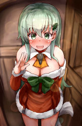 Rule 34 | 10s, 1girl, :d, absurdres, ascot, blurry, blush, breasts, christmas, cleavage, commentary request, depth of field, detached sleeves, dress, green eyes, green hair, hair ornament, hairclip, highres, kantai collection, large breasts, long hair, looking at viewer, okitsugu, open mouth, red dress, revision, sack, santa costume, smile, solo, suzuya (kancolle), sweat, waving, wavy mouth