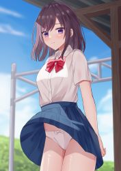 1girl black_hair blue_eyes blue_skirt blurry blurry_background blush bow bow_panties bowtie breasts chakku_illust clothes_lift cloud commentary depth_of_field expressionless highres looking_at_viewer medium_breasts medium_hair original outdoors panties pantyshot pleated_skirt red_bow school_uniform shirt short_sleeves sidelocks skirt skirt_lift sky solo standing underwear white_panties wind wind_lift