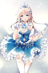 Rule 34 | 1girl, bare shoulders, blue dress, breasts, brooch, commentary, dress, frilled dress, frills, gloves, hair between eyes, hair ornament, hands up, highres, jewelry, light brown hair, long hair, looking at viewer, medium breasts, open mouth, original, pleated dress, rhea (0u0), sleeveless, sleeveless dress, snowflake hair ornament, solo, symbol-only commentary, thighhighs, tiara, white gloves, white thighhighs