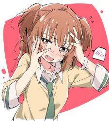 Rule 34 | 1girl, blush, brown eyes, brown hair, fang, flying sweatdrops, green necktie, hands on own face, ixy, kurahashi riko, love lab, necktie, open mouth, school uniform, short hair, solo, spoken blush, twintails, two side up