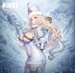 Rule 34 | 1girl, bell, blizzard, blonde hair, breasts, cleavage, dress, fur-trimmed dress, fur-trimmed headwear, fur collar, fur hat, fur trim, garter straps, gloves, goddess of victory: nikke, gold trim, hand on own hip, hat, highres, holster, jacket, large breasts, long hair, looking at viewer, looking back, ludmilla (nikke), military jacket, mountain, official art, pantylines, pink eyes, punc p, reaching, reaching towards viewer, skirt, smile, solo, thigh holster, thighhighs, wavy hair, white gloves, white jacket, white skirt, white thighhighs, zettai ryouiki