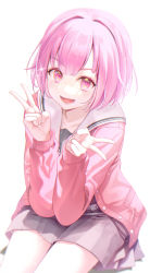 Rule 34 | 1girl, backlighting, blush, bob cut, collarbone, double v, grey shirt, grey skirt, highres, jacket, liso, looking at viewer, ootori emu, open clothes, open jacket, open mouth, pink eyes, pink hair, pink jacket, pleated skirt, project sekai, shirt, simple background, sitting, skirt, smile, solo, v, white background