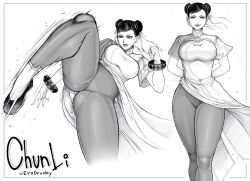 Rule 34 | 1girl, breasts, capcom, character name, chun-li, erodrunky, highres, large breasts, monochrome, solo, street fighter, street fighter 6