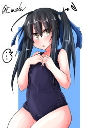 Rule 34 | 1girl, absurdres, alternate costume, alternate hairstyle, black hair, blue background, blue headband, blue one-piece swimsuit, covered navel, cowboy shot, flat chest, hair between eyes, hatsushimo (kancolle), hatsushimo kai ni (kancolle), headband, highres, kantai collection, long hair, old school swimsuit, one-piece swimsuit, open mouth, school swimsuit, sitting, solo, speech bubble, sweatdrop, swimsuit, t (dyuhuhudyukusi), twintails, white background, yellow eyes