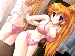 Rule 34 | 1girl, armpits, ass, back, blush, bow, bow panties, bra, breasts, breasts apart, butt crack, cleavage, cowboy shot, day, dressing, from side, game cg, hair between eyes, indoors, large breasts, leaning forward, legs together, lingerie, long hair, lovely pop tail, mirror, orange hair, panties, ponytail, red eyes, red hair, red panties, reflection, solo, standing, strap slip, thighs, underwear, underwear only, very long hair, yameta takashi